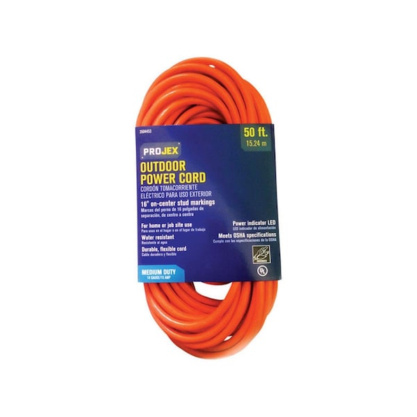 Projex SJTW Extension Cord, 14 AWG, Indoor/Outdoor, 14/3, 1 Outlets, Orange, PVC, 50 ft PR6331 - main
